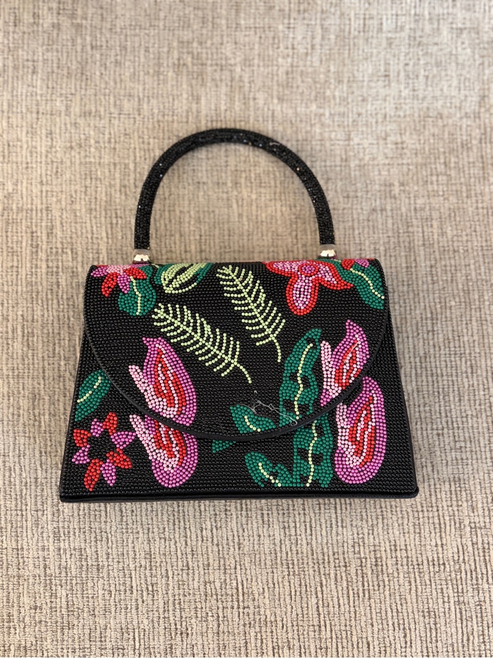 Black Beaded Floral Top-Handle Bag